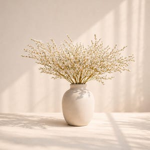May include: A round, matte off-white ceramic vase containing a dense arrangement of delicate, dried white flowers with thin, branching stems. The vase has a smooth, curved silhouette and sits centred, displaying a soft, neutral colour palette.