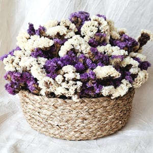 Peut inclure: Un panier rond en osier débordant de fleurs séchées blanches et violettes. Le panier est fait de matériau tissé de couleur naturelle. Les fleurs sont disposées pour créer un affichage complet et texturé. Sur un fond blanc texturé.