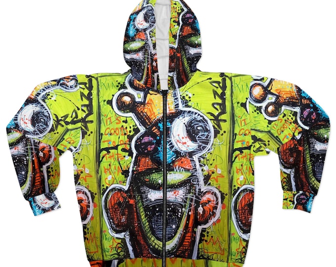 Vibrant Graffiti Unisex Zip Hoodie, Urban Streetwear, Casual Cool, Gift for Art Lovers, Perfect for Festivals and Everyday Wear