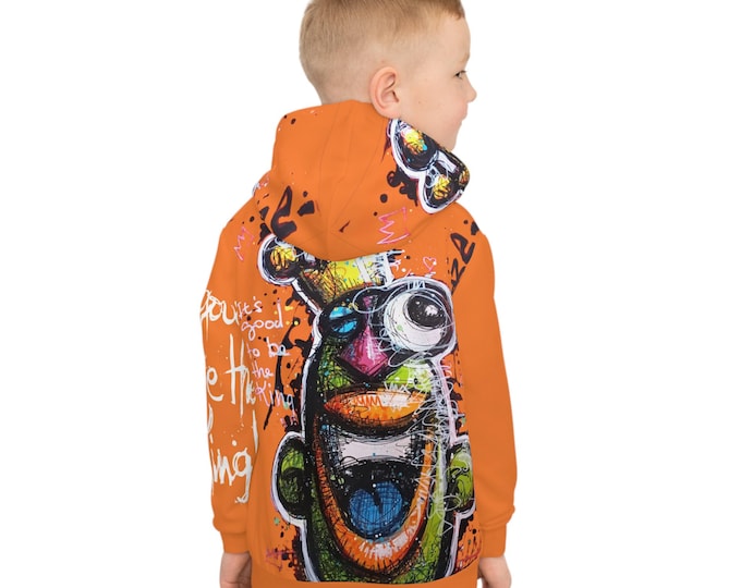 Colorful graffiti hoodie for kids by Kaza. Streetwear clothing for boys and girls. Original gift. Back-to-school fashion.