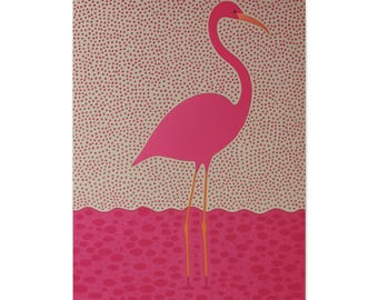 May include: A vibrant pink flamingo stands in a pool of deep pink water with a dotted pattern. The background features a light beige area covered in small pink dots, separated from the water by a wavy line. The flamingo has long orange legs.