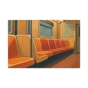 Könnte beinhalten: Eine Illustration des Innenraums eines U-Bahn-Wagens. Die Sitze sind leuchtend orange und rot und stehen im Kontrast zu den gedämpften gelben und braunen Wänden. Fenster zeigen einen blauen Himmel, und ein gerahmtes Bild hängt an der Wand.