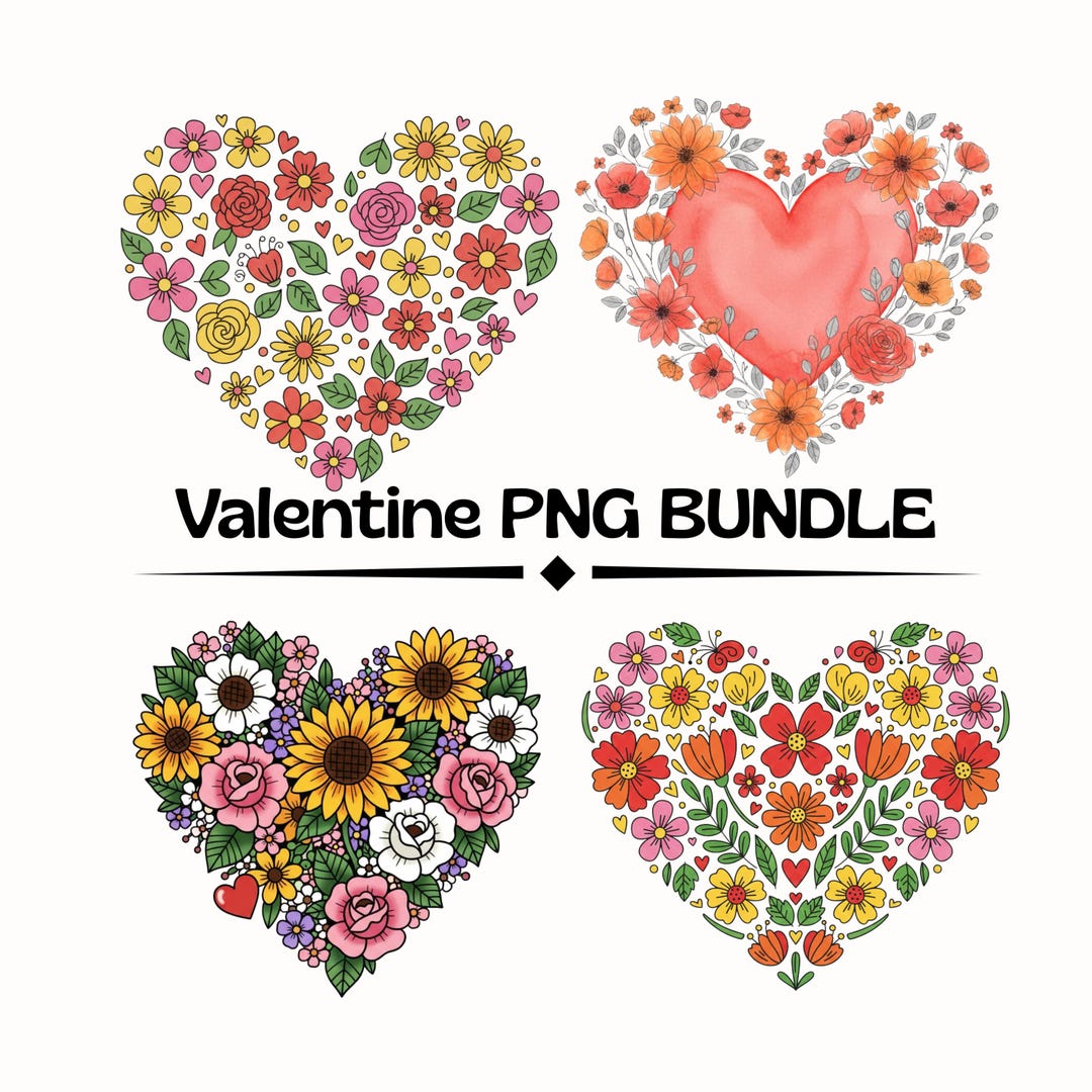 Valentine PNG Bundle , Floral Heart Designs , Watercolor , Bold Flowers ...