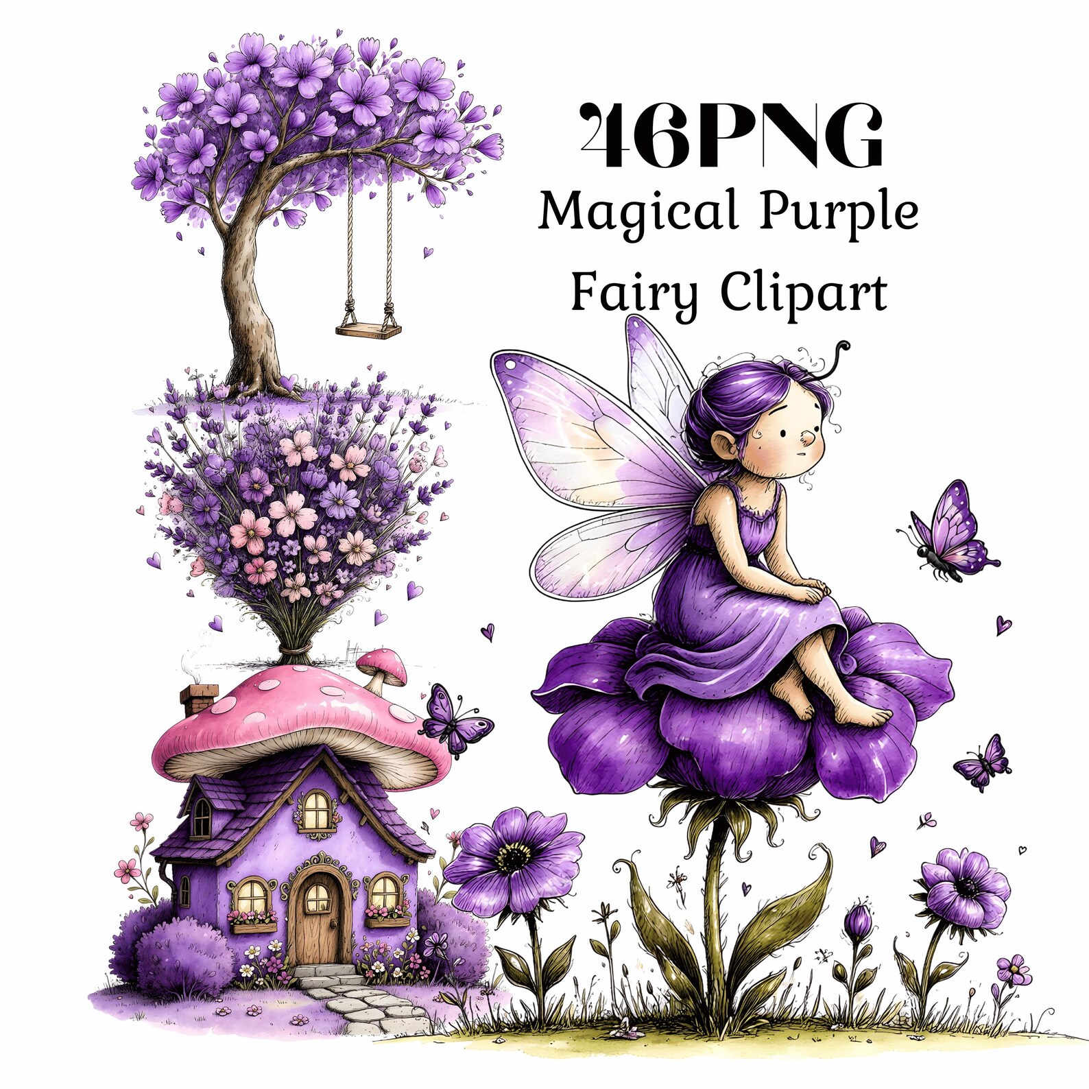 Magical Purple Fairy Clipart – Watercolor Garden Fairies & Fairy House ...