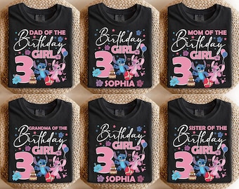 Camiseta de cumpleaños de Stitch Angel, camiseta personalizada de Disney para niña de cumpleaños, camiseta personalizada de Stitch para viaje familiar, conjunto de cumpleaños a juego.
