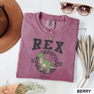 May include: Berry-coloured t-shirt featuring a green dinosaur named Rex within a chequered circle. The text "REX" is above the dinosaur, with "19" and "97" on either side. A silver necklace and tortoiseshell sunglasses are also visible.