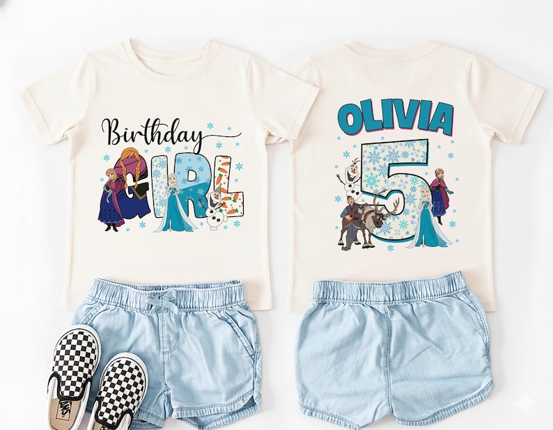 May include: Off-white t-shirt with the text "Birthday Girl" and a graphic of characters from a popular animated movie. Paired with light blue denim shorts and black and white checkered sneakers. The back of the shirt has the name "Olivia" and the number "5".