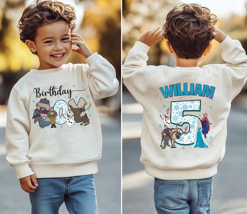 May include: A cream-colored sweatshirt featuring a birthday theme. The front displays the word "Birthday" and the number "04" with cartoon characters. The back shows the name "WILLIAM" and the number "5" with more cartoon characters.