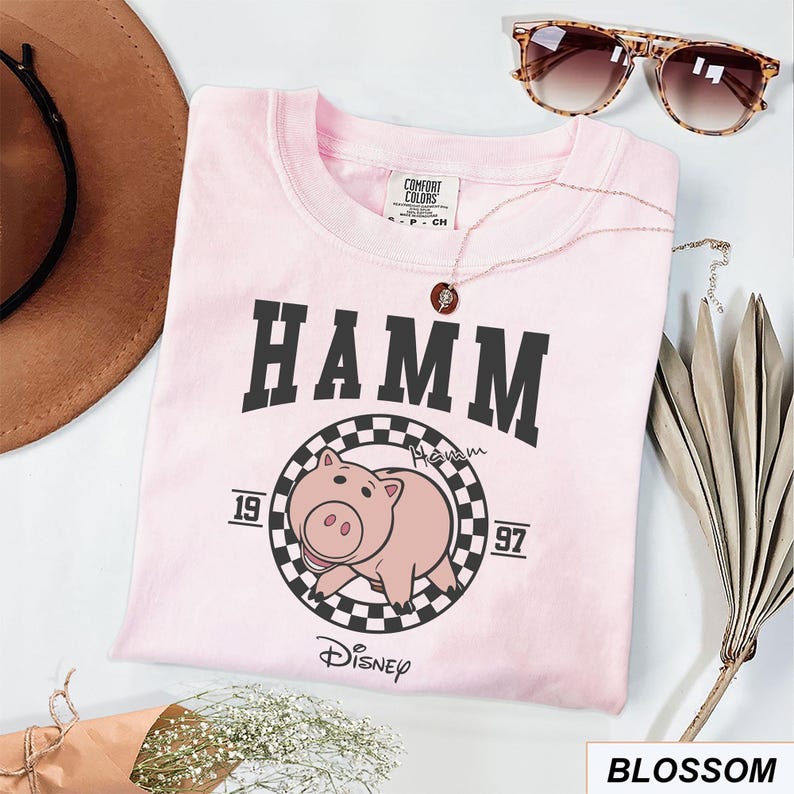 May include: A light pink t-shirt with the word "HAMM" in black above a circular graphic of a cartoon pig. The graphic includes the years "19" and "97" and the word "Disney". The shirt is folded and surrounded by accessories.
