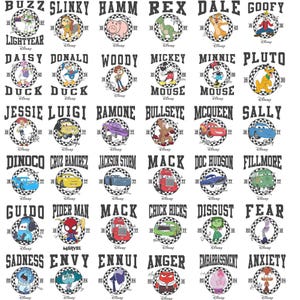 May include: A grid of Disney character illustrations, each in a circular frame with a chequered border. Characters include Woody, Minnie Mouse, and characters from Cars and Inside Out, all on a white background.