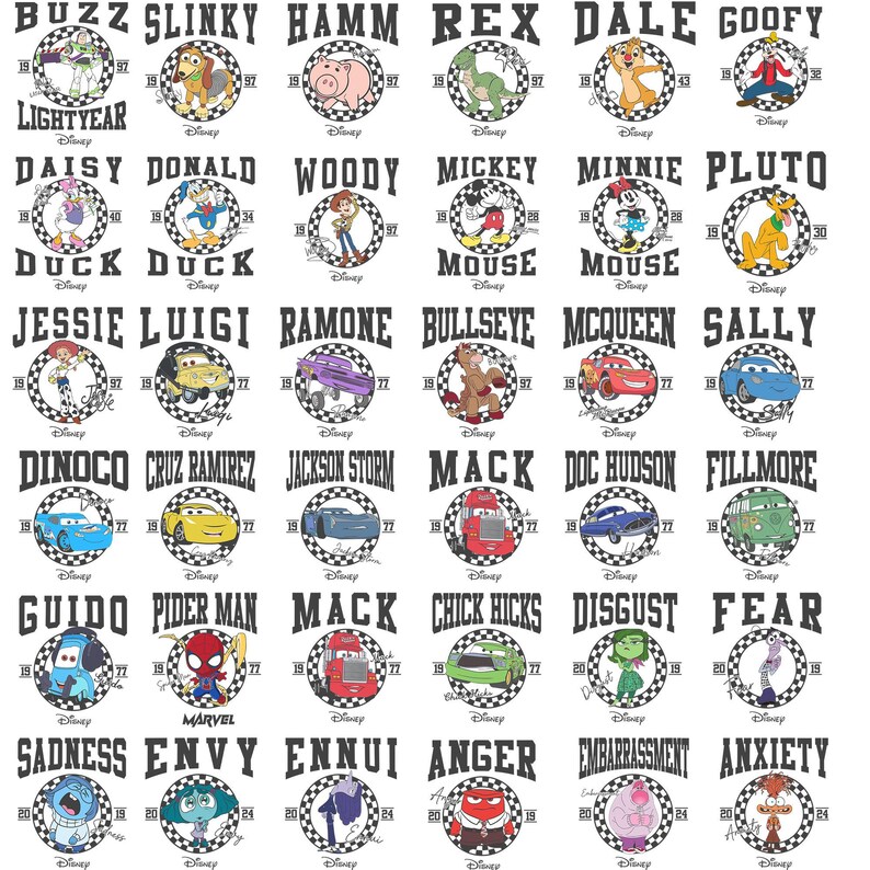 May include: A grid of Disney character illustrations, each in a circular frame with a chequered border. Characters include Woody, Minnie Mouse, and characters from Cars and Inside Out, all on a white background.