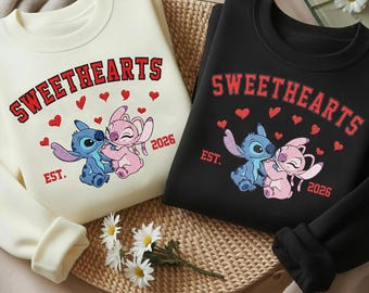 Disneyland Embroidered Crewneck Sweatshirt, Couple Sweater, Stitch and Angel Valentine Valentine Shirt, Cute Disneyland Hoodie
