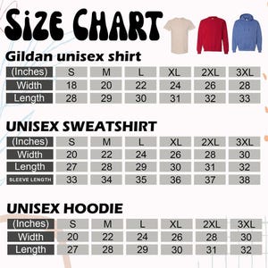 Może przedstawiać: Tabela rozmiar&oacute;w dla koszulek, bluz i bluz z kapturem unisex Gildan. Tabela przedstawia wymiary w calach dla szerokości i długości, w rozmiarach od S do 3XL. Pokazano trzy przykładowe koszulki: beżową, czerwoną i niebieską.