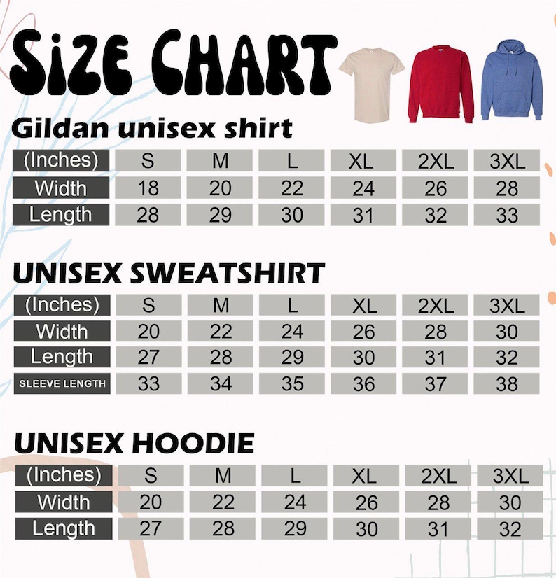 Może przedstawiać: Tabela rozmiar&oacute;w dla koszulek, bluz i bluz z kapturem unisex Gildan. Tabela przedstawia wymiary w calach dla szerokości i długości, w rozmiarach od S do 3XL. Pokazano trzy przykładowe koszulki: beżową, czerwoną i niebieską.