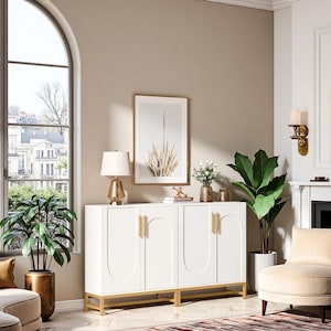 Minimalist Modern White Sideboard: 4-Door Buffet Cabinet with Adjustable Shelves