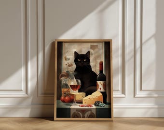 Black Cat Wine Art Print: vintage keukenposter, elegant eetkamerdecor