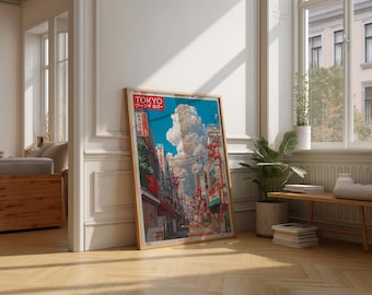 Impresión de calles de Tokio, paisaje urbano japonés estilo anime, póster de viaje urbano