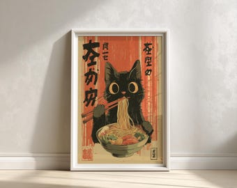 Black Cat Ramen Poster: Retro Japanese Anime Art Print