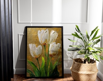 Estampa botânica de tulipa branca: arte de parede floral elegante com detalhes dourados