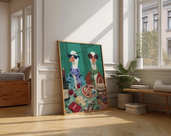 Funny Goose Art Print, Wine Pizza Party, Whimsical Kitchen Decor