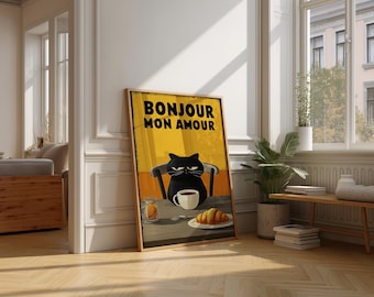 Bonjour Mon Amour Cat Art Print, French Cafe Poster