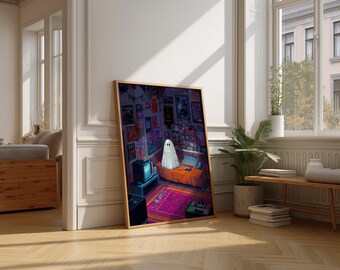 Cute Pixel Ghost Bedroom Art Print, Retro Vaporwave Room Decor, 80s Gamer Aesthetic Poster, Cozy Spooky Pixel Art Wall Decor