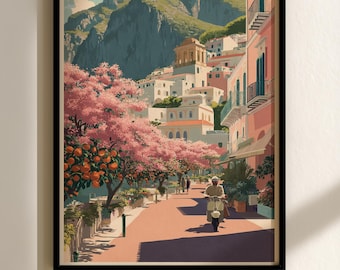 Amalfiküste Vespa Print: Italienische Kirschblüte Straßenszene