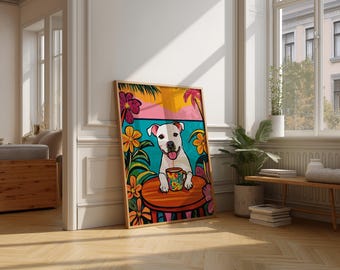 Lámina artística de perro tropical: colores vibrantes, ilustración moderna de mascotas