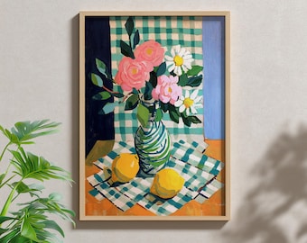 Floral Still Life Print: Lemons, Colorful Bouquet, Modern Kitchen Art