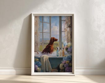 Vintage Irish Setter Druck: Florale Fenster Landschaft, rustikales Wohndekor