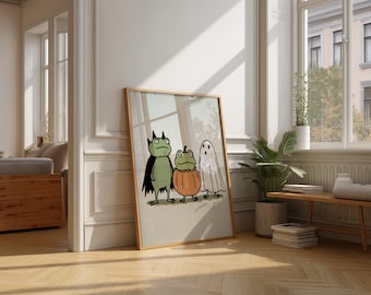 Retro Halloween Frog Art Print, Ghost and Pumpkin Illustration