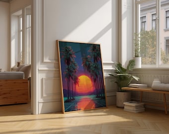 Affiche rétro vaporwave coucher de soleil, art mural palmier Synthwave, impression néon esthétique des années 80, décoration de paysage tropical cyber, oeuvre d'art numérique rétro