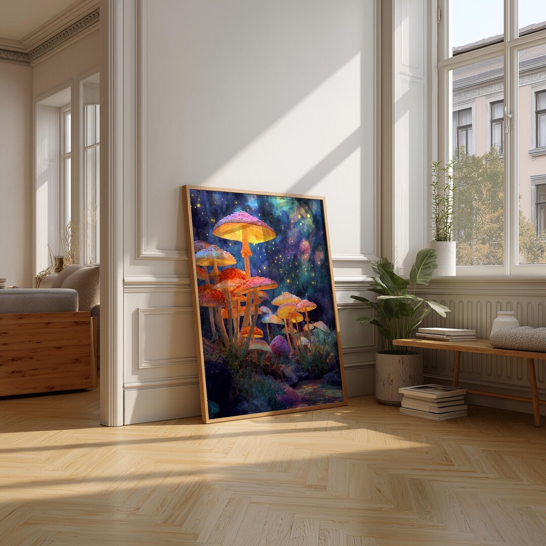 Glow Mushroom Forest Wall Art, Fantasy Luminescent Fungi Print, Magical ...