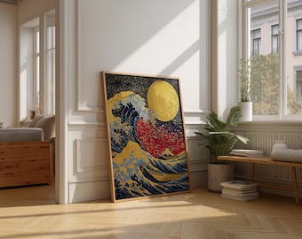 Kunstdruck, Japanische Welle, Golden Moon, Oriental Decor