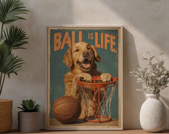 Golden Retriever Basketball Art Print: Retro Dog Lover Decor