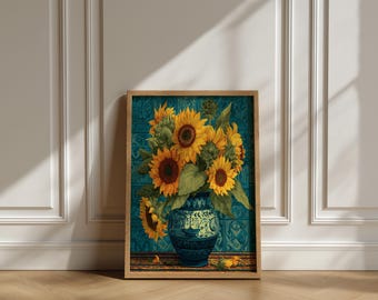 Sunflower Vase Painting: Vintage Botanical Print, Rustic Home Decor