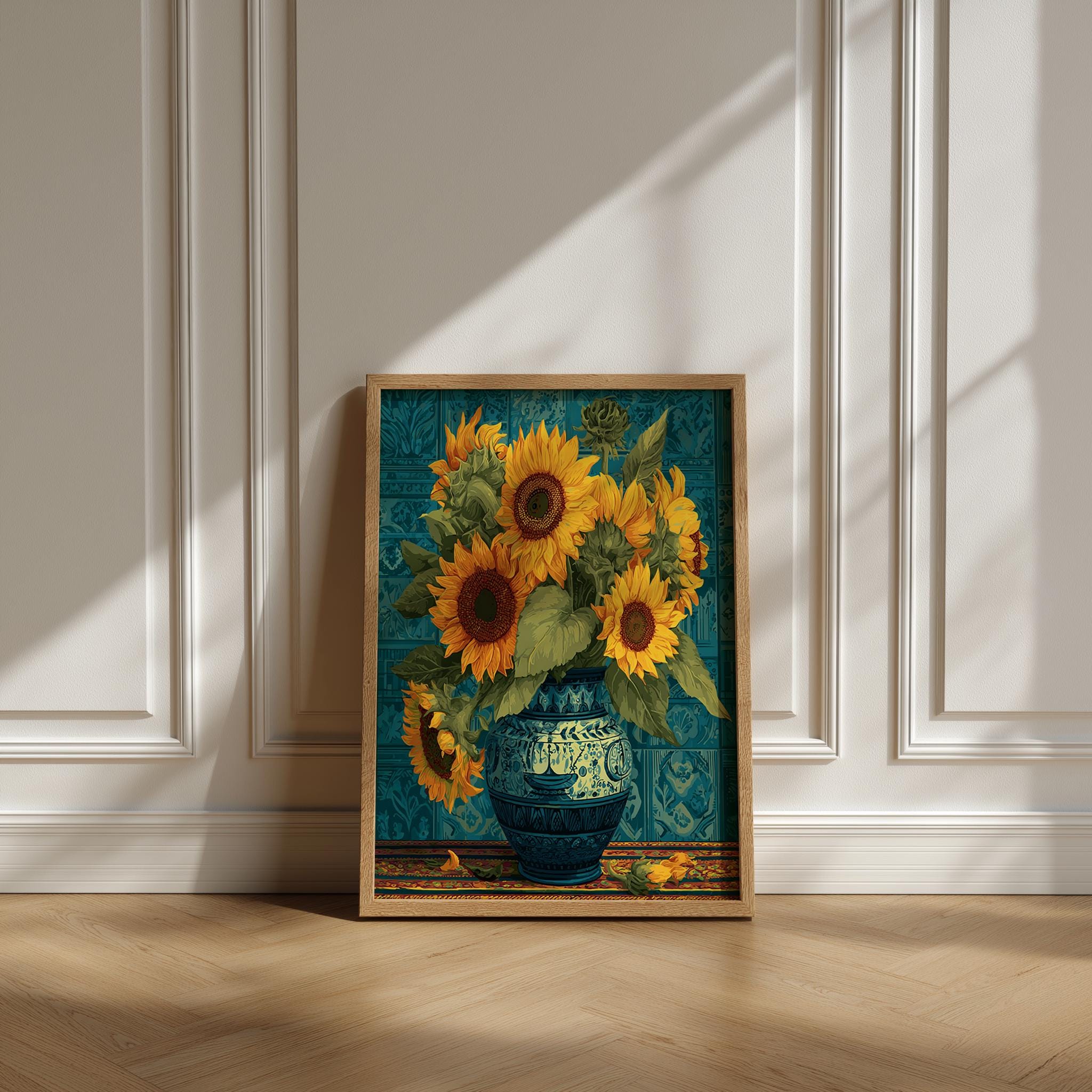 ひまわりの花瓶の絵画：ヴィンテージの植物プリント、素朴なホーム