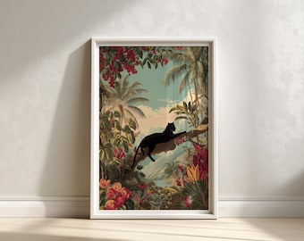 Black Panther Jungle Art Print: Exotic Tropical Illustration