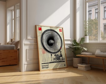 Vintage luidsprekerposter, retro sounddesign muurkunst (ingelijst)