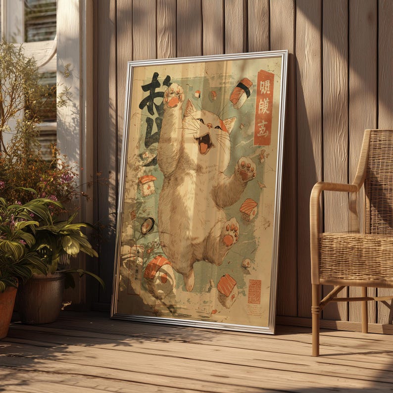 Vintage Japanese Cat Sushi Art Print: Playful Kitchen Wall Decor - Etsy