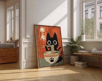 Kawaii Black Cat Ramen Print, Anime Kitchen Decor