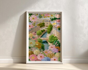 Paris Floral Cityscape Print: Romantic French Architecture Wall Art