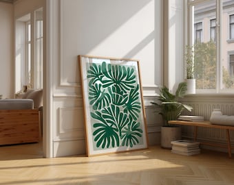 Lámina artística de hojas tropicales verdes, decoración botánica abstracta para pared