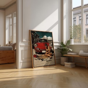 Arte murale con ragazza che indossa un&#39;auto retrò, stampa Porsche d&#39;epoca, poster con meccanico sexy, opera d&#39;arte con auto d&#39;epoca rossa, decorazione in stile pin-up da garage