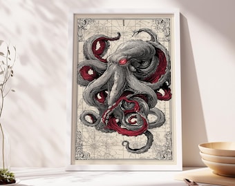 Cthulhu Oktopus Print: Gothic Horror Fantasy Wandkunst
