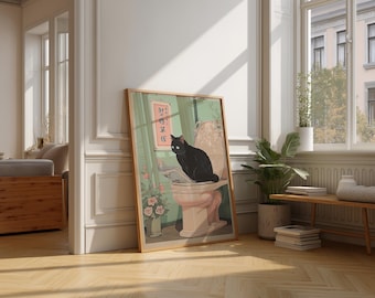 Funny Black Cat Bathroom Art Print – Quirky Feline Newspaper Poster