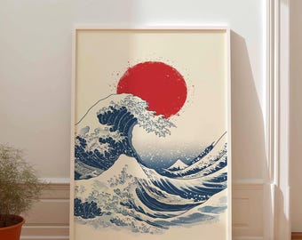 Japanese Wave Art Print Mount Fuji Red Sun Poster, Great Wave off