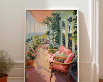 May include: A framed painting of a balcony scene bathed in sunlight. Two wicker chairs and a sofa with pink cushions are on the balcony. Potted flowers and greenery add colour. The background shows a view of the sea and sky.