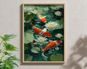 Koi Fish and Lotus Watercolor Print: Japanese Zen Art Canvas