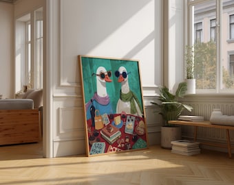 Funny Goose Picnic Art Print, Quirky Kitchen Decor